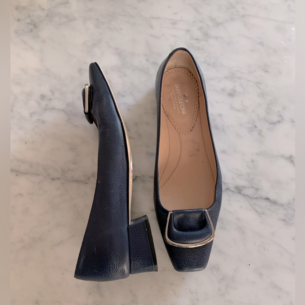 Napoleoni navy leather slip on shoe with silver buckle size 39